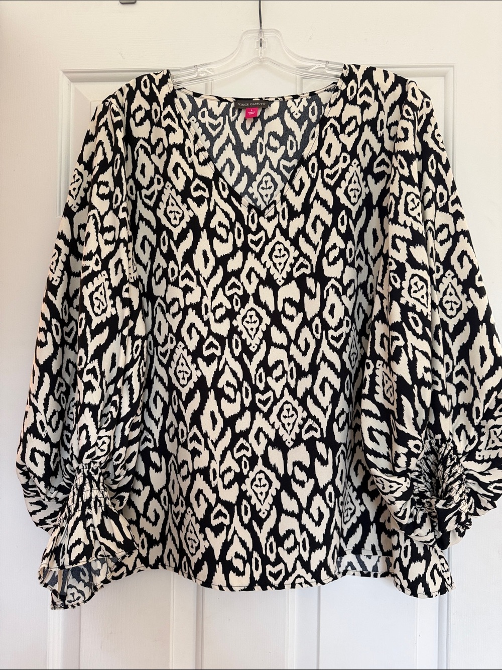 Vince Camuto Black and White Ikat V-Neck Blouse